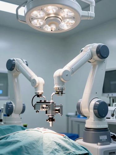A high-precision robotic surgical system in a sterile operating room, clean clinical lighting, focusing on the mechanical arms.