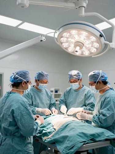 Wide environmental view of a state-of-the-art sterile operating theater in India, clean clinical lighting, advanced laparoscopic equipment, surgical team prepared in clean scrubs, bright natural daylight accents.