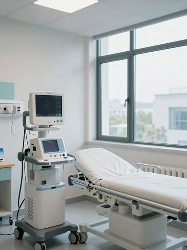 A bright, modern clinical recovery suite with clean lines, medical monitoring equipment, and a large window showing natural daylight.