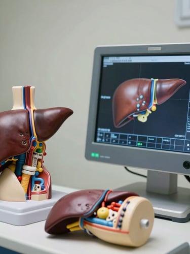 A close-up of a modern clinical liver transplant planning station, showing detailed anatomical models and a high-resolution diagnostic screen in sharp focus.