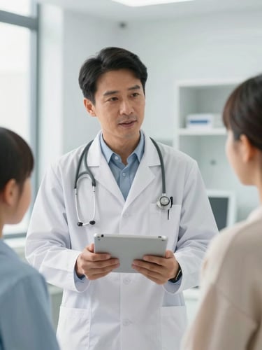 A professional medical coordinator in a bright modern clinic holding a tablet, speaking reassuringly to a family under clean soft clinical lighting.