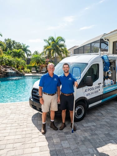Bright, high-key midday sun, sparkling turquoise pool water, clean shadows. A modern A1 Pool Care service truck parked on a sunny Florida driveway, with two generations of the family team standing proudly beside it, smiling. Wide-angle architectural lens.