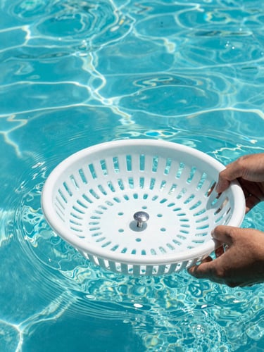 Close-up of a clean skimmer basket in a sparkling turquoise pool, bright sun-drenched photography, crisp daylight, vibrant coastal tones. A hand is adjusting the basket.