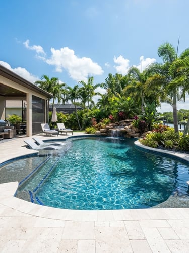 Bright, sun-drenched panoramic view of a pristine backyard swimming pool in Southwest Florida, sparkling turquoise water, clean deck, and lush tropical landscaping. Midday sun, clear reflections.