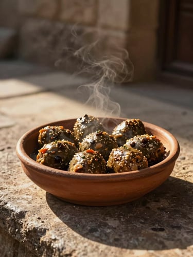Eye-level close-up of a clay bowl of Mardin-style içli köfte on a worn stone surface, natural golden afternoon light raking across the dish from the right, steam faintly visible, dark stone wall softly out of focus in the background