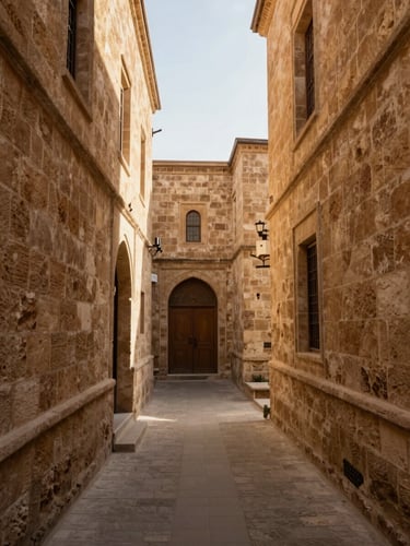 Street-level view looking up a narrow Mardin stone alleyway, warm morning light raking across ochre limestone walls, an arched doorway visible mid-distance, no people, empty quiet