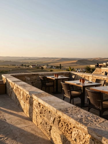 Wide environmental shot of a Mardin restaurant terrace overlooking the Mesopotamian plain at golden hour, stone parapet in the foreground, a single set table with clay cups visible, warm low sun casting long shadows across the terrace floor