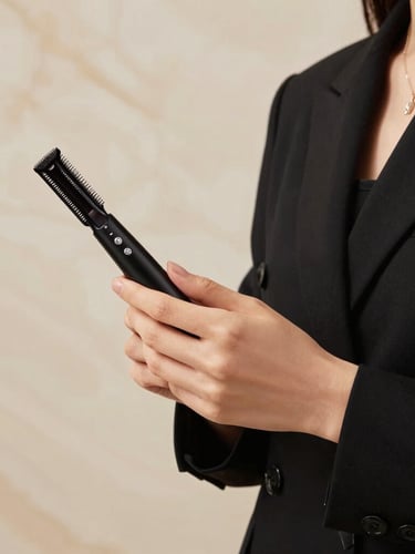 Close-up of a student in a chic black uniform holding premium styling tools, soft warm studio lighting, elegant cream marble background, shallow depth of field, 35mm