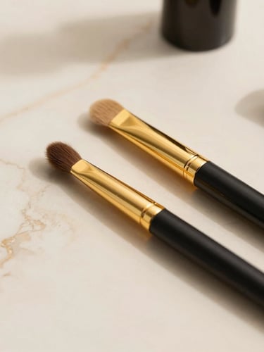 Close-up of premium gold-detailed cosmetic tools resting on a warm cream marble surface, soft diffused studio lighting, elegant shadows
