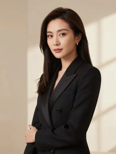 Editorial portrait of a luxury beauty brand founder in a minimalist cream studio, soft warm natural light, medium shot, shallow depth of field, 35mm