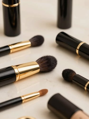 An editorial close-up of premium gold-accented beauty tools arranged on a soft cream marble surface, warm diffused studio lighting, shallow depth of field, 35mm