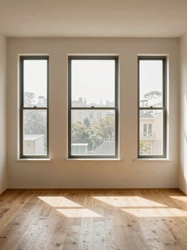 Straight-on architectural shot of a bright, modern apartment interior, soft morning sunlight streaming through steel-framed windows, highlighting natural oak floors and clean plaster walls, realistic 35mm photography.