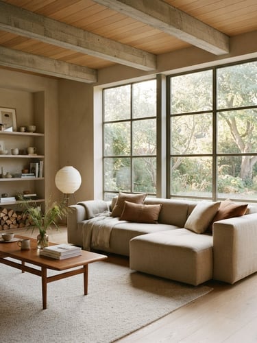 Warm editorial architectural photography, soft natural morning light, muted earthy tones, realistic 35mm lens. A sunlit, minimalist living room with large windows and a comfortable sofa, showing architectural details and natural light, off-center to the right.