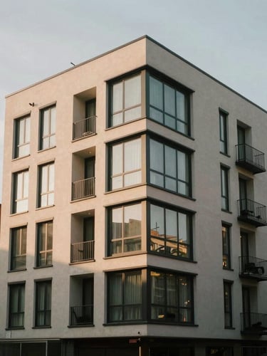 Modern apartment building exterior with large windows, nestled within a vibrant city neighborhood street, architectural angles, soft natural morning light, muted earthy tones, realistic 35mm lens, showing context.