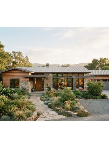Wide architectural shot of a modern suburban family home exterior, warm morning light, natural garden, muted earthy tones, realistic 35mm lens, expansive sky, low horizon.