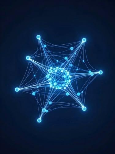 Wide-frame studio render of an abstract 3D neural network: luminous electric-blue nodes connected by fine white pathways, floating in deep navy space, high-magnification detail of a central connection cluster, sharp contrast, no people, no text