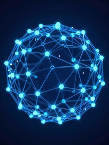 Wide macro view of a glowing 3D digital node network at high magnification, electric blue connection points and data pathways on a deep navy background, sharp studio lighting with precise geometric topology, no people