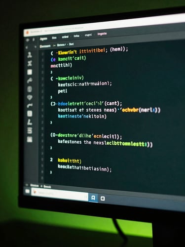 Macro shot of a high-end monitor displaying clean Kotlin code structures, moody low-key studio lighting with cybernetic lime accents, high-contrast 35mm