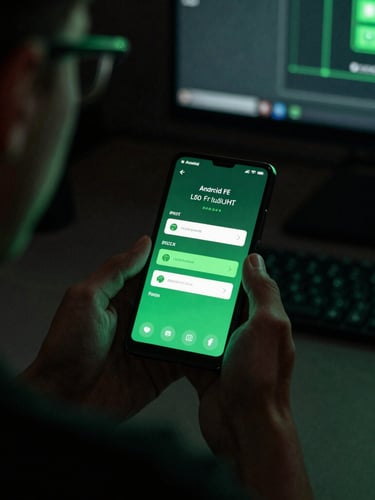 Over-the-shoulder perspective of a developer testing a fluid UI transition on a physical Android device, low-key dark studio lighting, subtle green glow.