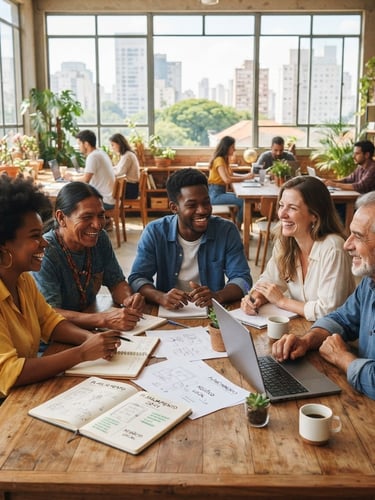 A bright, sunlit community workspace in São Paulo, where diverse local entrepreneurs are collaborating around a wooden table, warm editorial photography, soft natural daylight, clean composition, 35mm lens