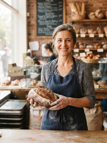 Warm editorial photography of a local bakery owner smiling in her sunlit shop, holding a fresh loaf of bread, soft natural daylight, 35mm lens
