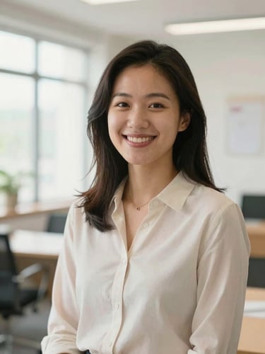 A warm, natural portrait of a smiling female community leader in an open, bright office space, soft natural daylight, optimistic tones, clean composition, 35mm lens