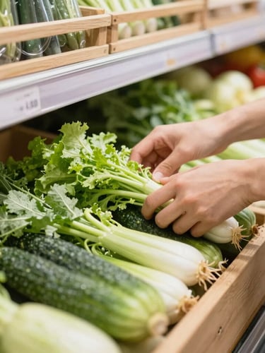 Close-up of hands arranging fresh organic vegetables in a wooden crate inside a bright, clean local grocery store, warm natural daylight