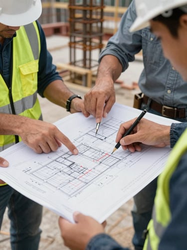Close-up of hardhat-wearing workers reviewing technical blueprints on a construction site, hands pointing to engineering drawings, steel reinforcement bars visible in the background, natural daylight, sharp focus on the documentation