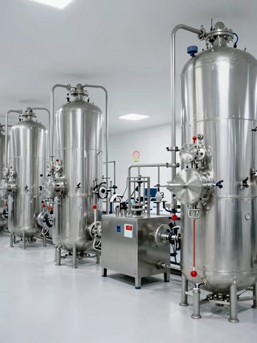 Wide-angle shot of a clean, modern industrial chemical processing plant interior, stainless steel machinery, bright lighting, no people, minimalist composition.