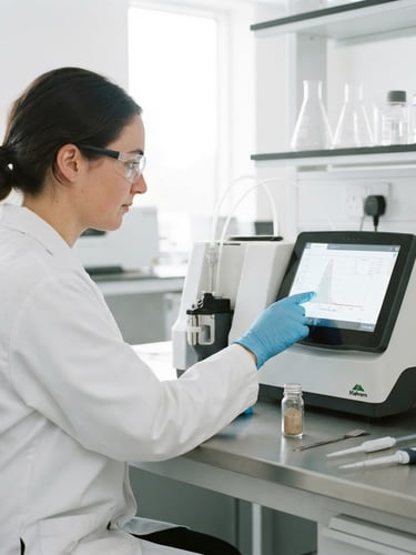 High-key image of a chemical engineer performing particle size analysis in a modern laboratory, focused on a digital display, clean industrial photography, bright studio lighting, sharp focus, 35mm