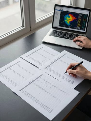 Wide workspace shot from above — printed spreadsheets and a laptop showing competitive bidding heat map data spread across a matte black desk, hands visible at keyboard, cool daylight through a frosted window, flat clinical lighting