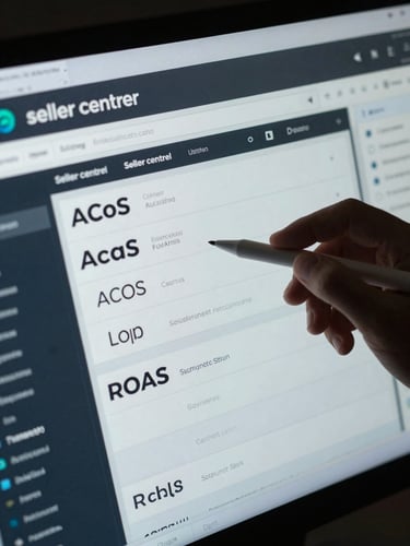 Tight overhead close-up of a Seller Central dashboard on a dark monitor, ACoS and ROAS metrics visible in crisp white numerals, a hand pointing at a data row with a stylus, cool studio strobe lighting, clinical and shadowless