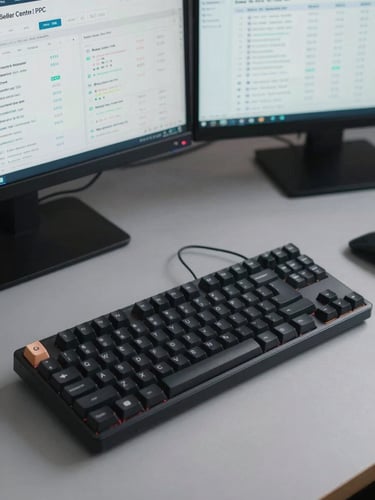 Overhead close-up of a mechanical keyboard and dual monitors displaying Seller Central PPC dashboards with campaign metrics, soft studio strobe lighting, clinical flat-lit surface, no faces, cool daylight tone