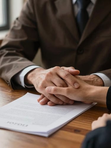 Medium close-up of a lawyer's hands gently holding a client's hand over documents on a wooden desk, warm natural window light, rich muted earth tones, shallow depth of field, 35mm lens, conveying reassurance and empathy.