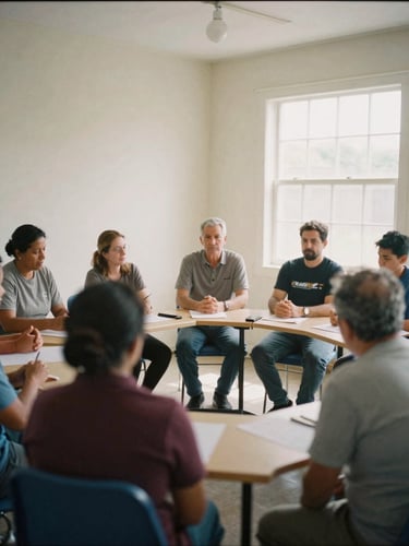 Documentary film photograph of community leaders in an active collaborative workshop, soft natural daylight, warm muted tones, medium format.