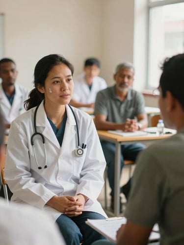 Documentary photography of a community health workshop, soft natural daylight, warm muted tones, a clinician listening intently to a local leader, medium shot
