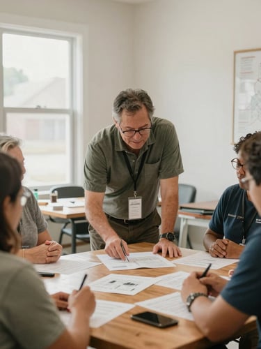 Documentary photography of a local community leader guiding a neighborhood planning workshop around a wooden table, soft natural daylight, warm muted tones.