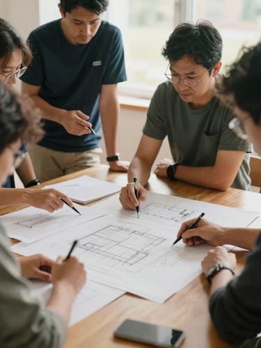 Documentary film photography of a collaborative workshop in soft natural daylight, community leaders gathered around a wooden table analyzing architectural blueprints, warm muted tones, medium format.