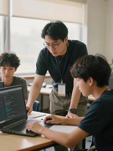 An environmental medium shot of a mentor guiding two students through a coding workshop, soft natural window light, authentic classroom setting, warm film tones.