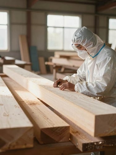 A worker in protective gear carefully inspecting milled timber inside a sunlit cooperative sawmill, candid documentary film photography, warm natural light.