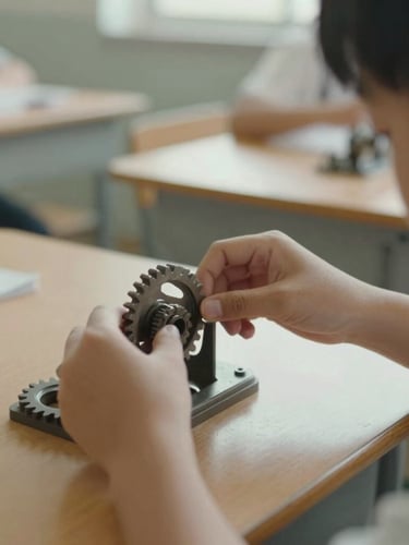 A close-up documentary film photograph of a student's hands carefully adjusting a mechanical gear in a sunlit classroom, warm muted tones, soft natural daylight.
