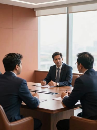 A modern Delhi corporate boardroom with bright natural window light, warm terracotta undertones, focused professionals in discussion, shallow depth of field, 35mm