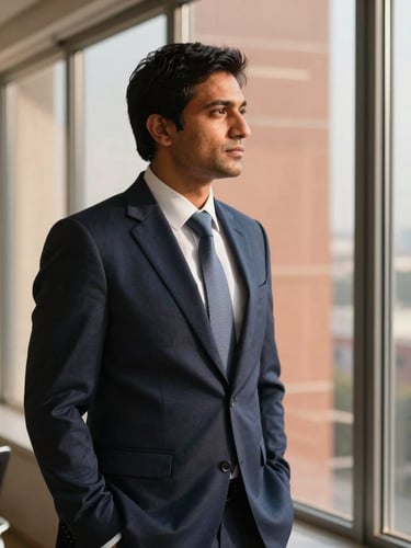 Focused professional executive looking out of a high-rise office window in Delhi, warm morning light, soft reflection, professional editorial photography