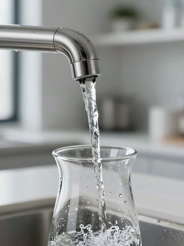 Macro shot of cold water pouring from a sleek stainless steel tap into a glass carafe, daylight reflections, crisp and clean office kitchen background.