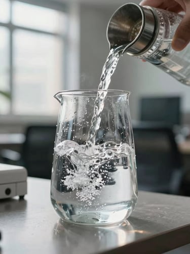 Close-up of condensation on a glass carafe being filled with cold, purified water in a bright, sunlit office breakroom, clean steel fixtures, natural daylight.