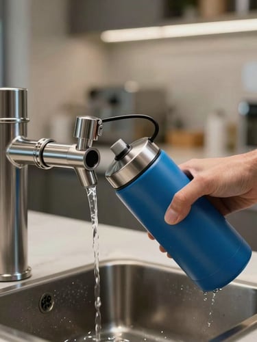 Dettaglio ravvicinato di un erogatore d'acqua in acciaio inossidabile, una mano riempie una borraccia metallica blu, sfondo sfocato di una cucina aziendale moderna.