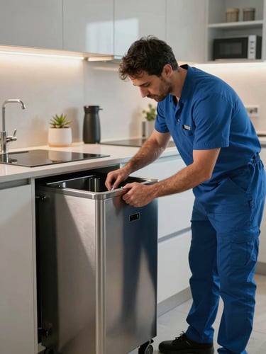 Inquadratura verticale e luminosa di un tecnico Amicablu in divisa pulita mentre collauda un depuratore sotto-lavello in una cucina moderna, riflessi nitidi sull'acciaio.