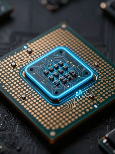Close-up macro shot of a mobile processor die glowing with faint blue light, clean technical wireframe overlay, high-contrast tech-noir style