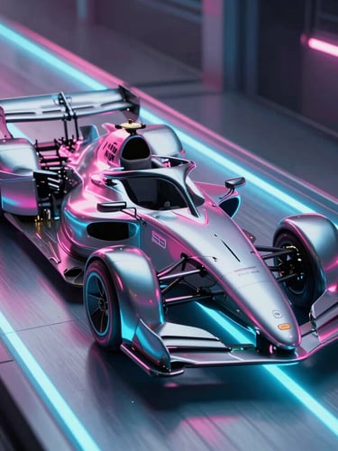 A close-up vertical render of a sleek metallic racing craft hovering over a glowing cybernetic track, intense pink and cyan underglow, sharp reflections