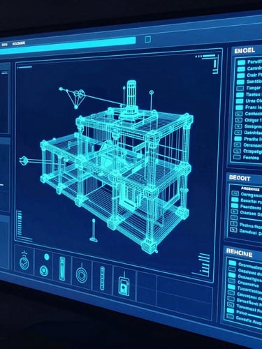 High-contrast wireframe development render of a complex game UI, neon cyan lines over a deep blue background, technical schematic style.